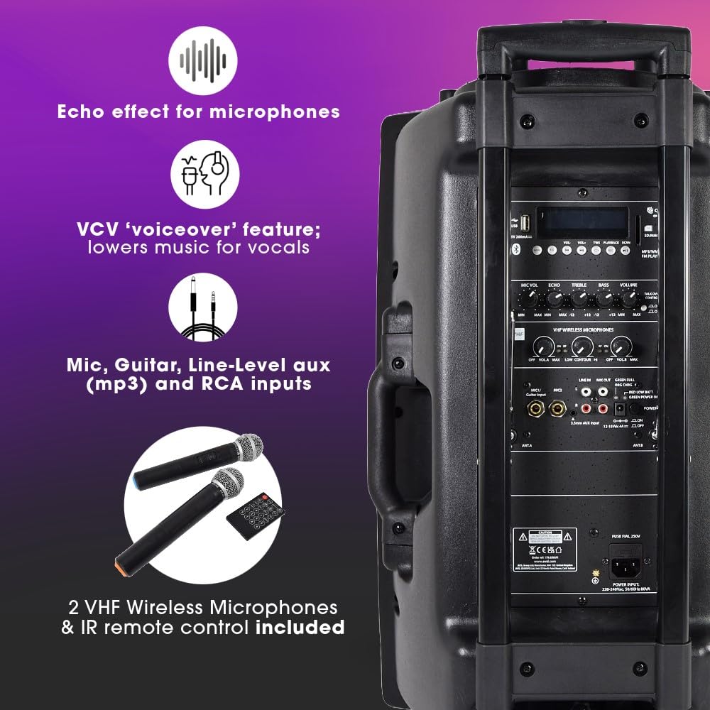 QTX Système de sonorisation portable complet QX15PA | 2 microphones sans fil et lecteur multimédia avec connectivité USB/SD/FM et Bluetooth