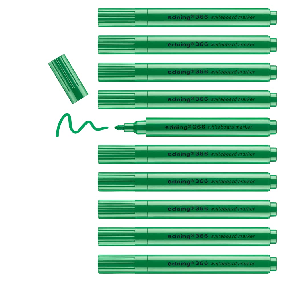 edding 366 whiteboard marker - green - 10 slim whiteboard pen - round nib 1 mm - dry-wipeable - for whiteboards, glass, magnetic and memo boards