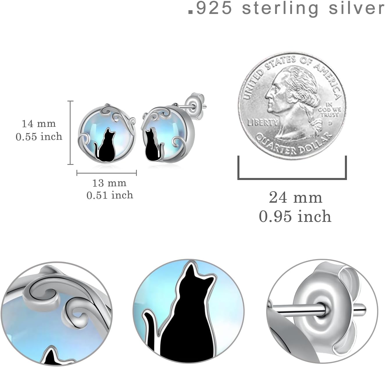 Black Cat Earrings 925 Sterling Silver Cat Earrings Moonstone Earrings Animal Stud Earrings For Women Jewelry Gift - Image 6