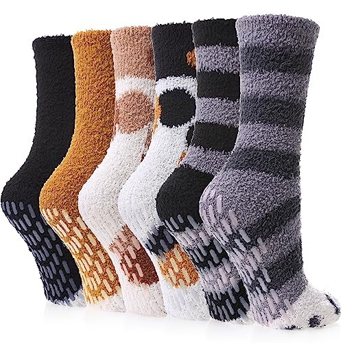 Image of FNOVCO Non Slip Socks for Women Winter Warm Cozy Fuzzy Slipper Socks Soft Fluffy Hospital Socks with Grips