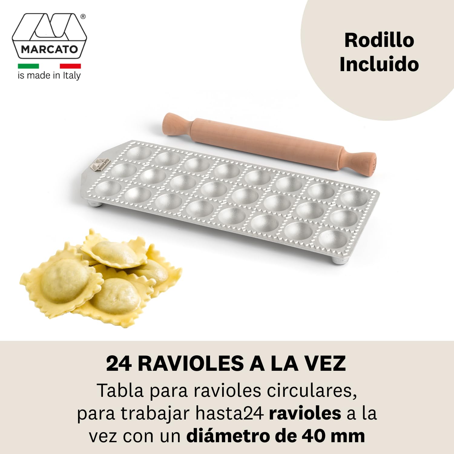 Marcato Molde para Raviolis, Máquina para Raviolis, Formas para Raviolis Caseros, Corte Redondo de 40 mm, Espacio para Relleno Abundante, Procesa 24 Raviolis al mismo tiempo.