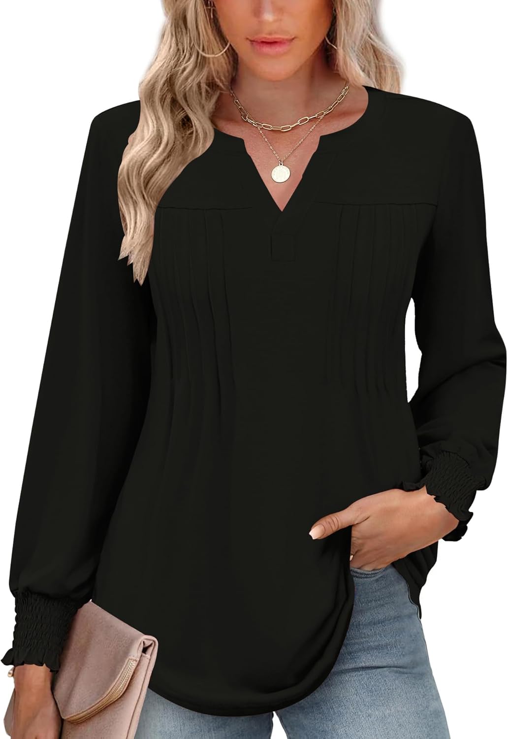Ivicoer Long Sleeve Shirts for Women V Neck Pleated Blouses for Women Dressy Casual Fall Ladies Top 2025 - Image 4