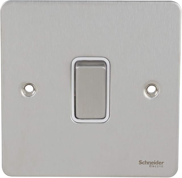 Schneider Electric Ultimate Flat Plate - Single Retractive 2 Way Light Switch, 16AX, GU1212RWSS, Stainless Steel with White Insert