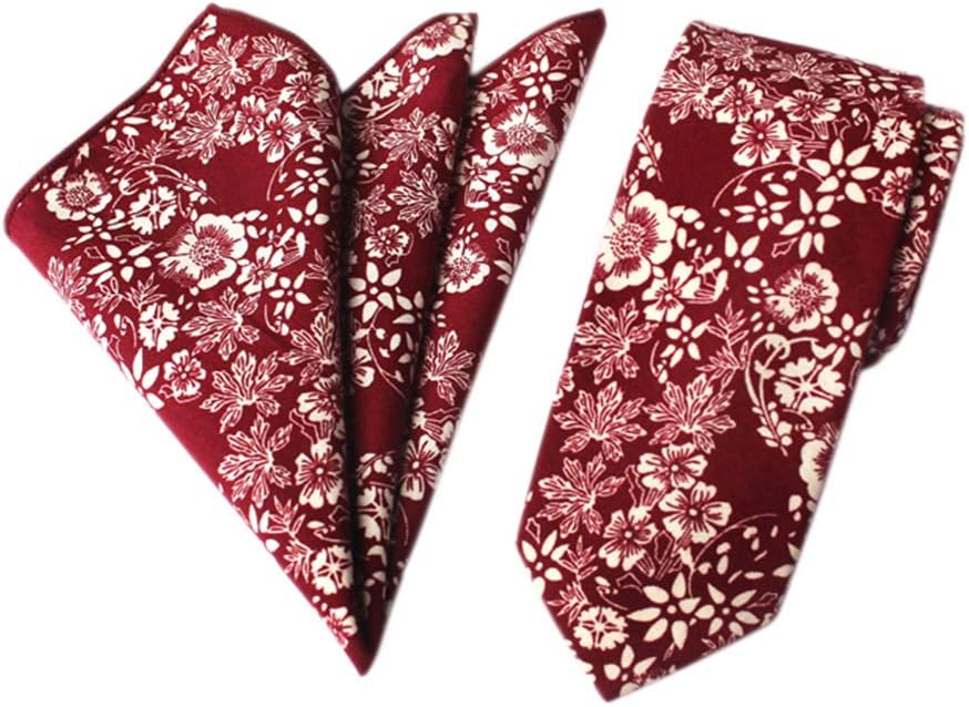Secdtie Men's Skinny Handkerchief Tie Cotton Floral Necktie & Pocket Square Set
