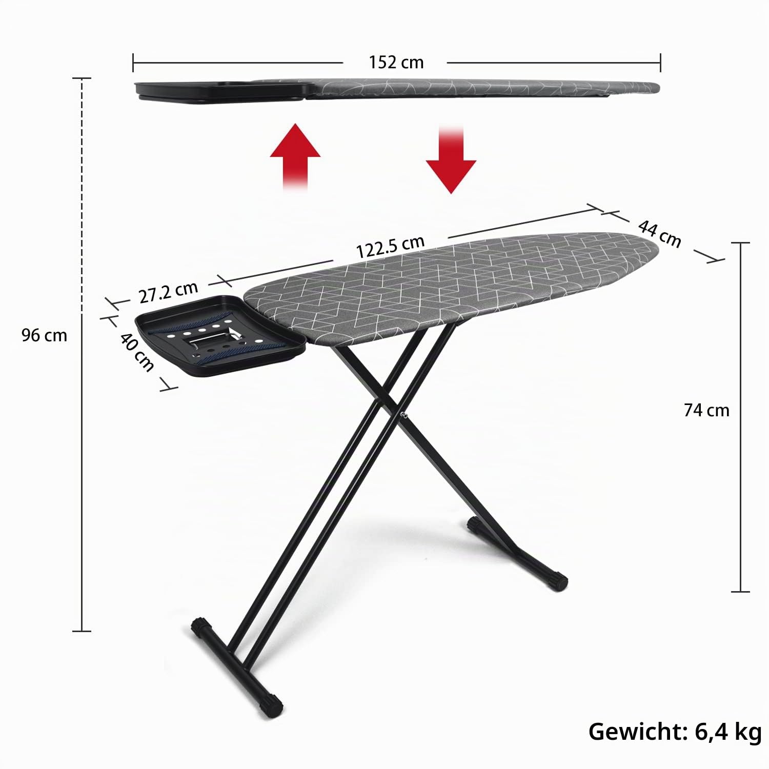 Duwee Bügelbrett Extra groß mit Dampfbügeleisen-Ablage, Stabil, 122 x 43cm | Großes Bügelbrett mit Hitzebeständigem Bezug, Dicker Polsterung, Höhenverstellbar, Robusten Stahlbeinen & Klappbar