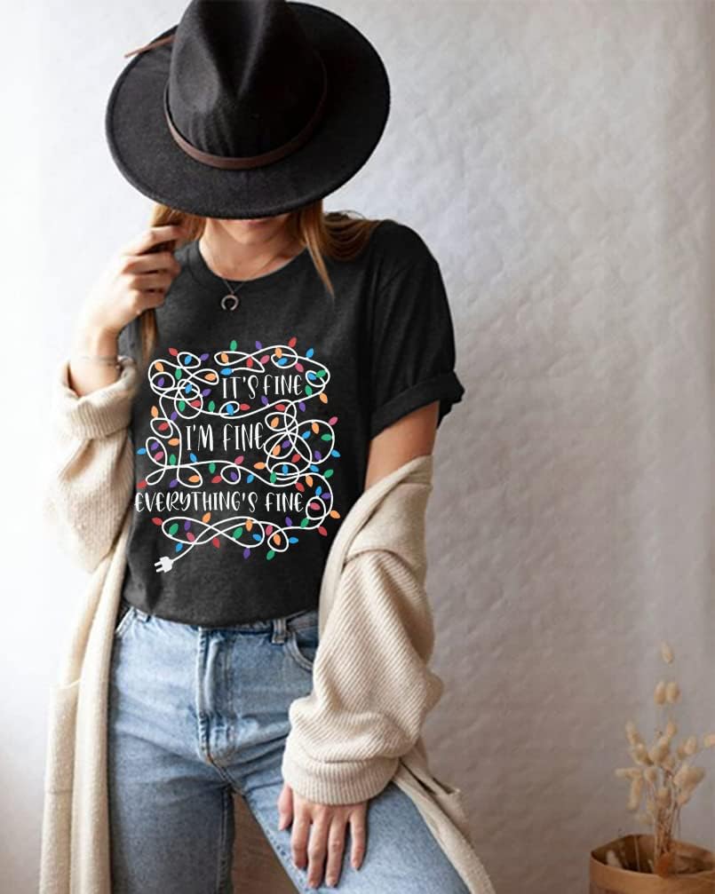 I'm Fine Everything's Fine Women's Christmas Shirts Casual Short Sleeve Tees Tops with Christmas Lights - Image 3