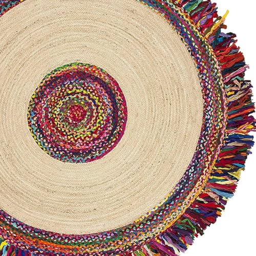 Image of Rounds Jute Carpet - Handwoven Natural Fiber Rug for Living Room, Bedroom, Entryway | Boho Chic Eco-Friendly Area Rug | Rustic Designer Floor Mat:-(Chindi Lehar, 4x4 feet