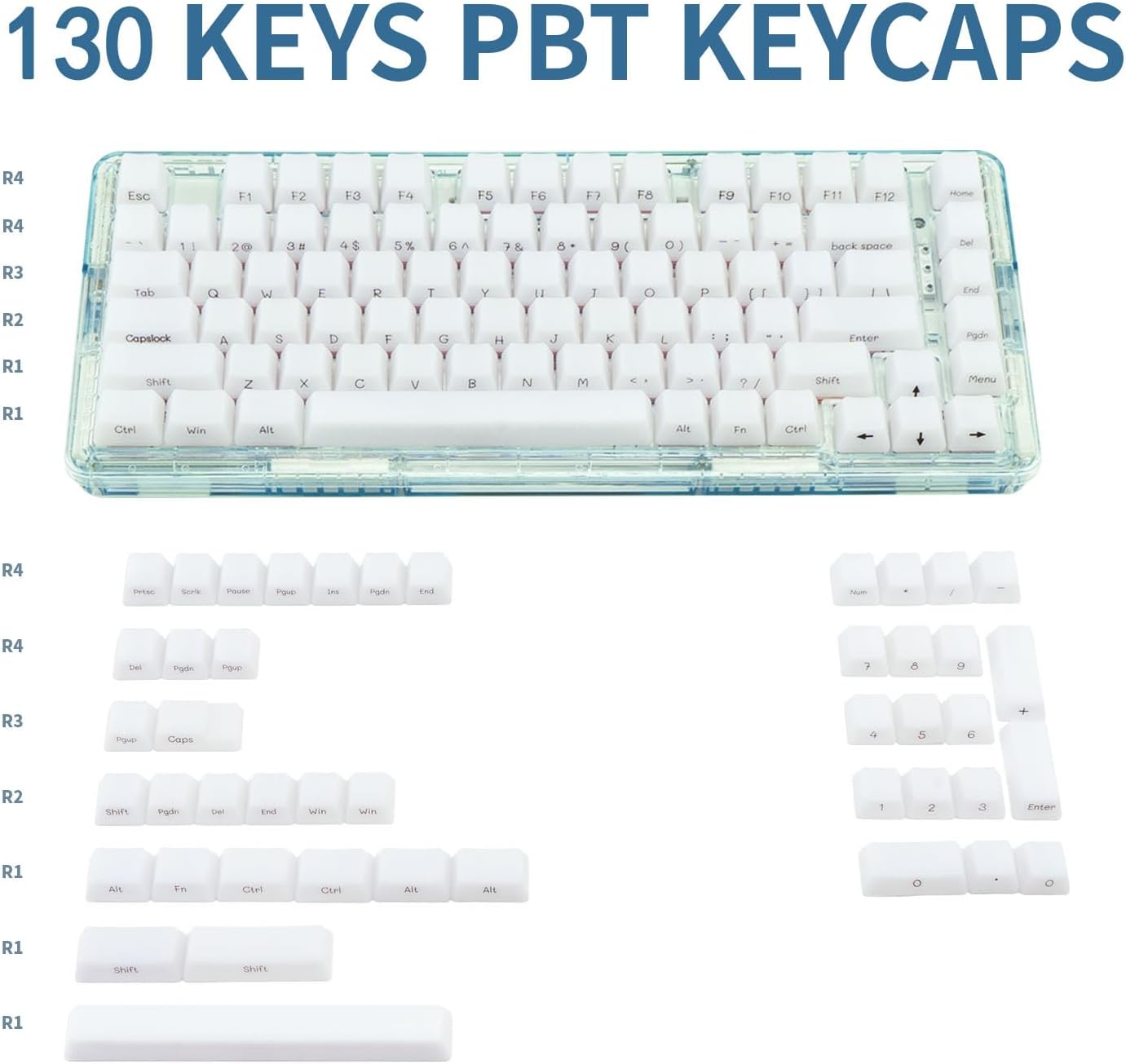 Side Print Shine Through White Jade Keycap - OEM Profile Custom ABS Key Caps for Mechanical Gaming Keyboard, 130 Keys