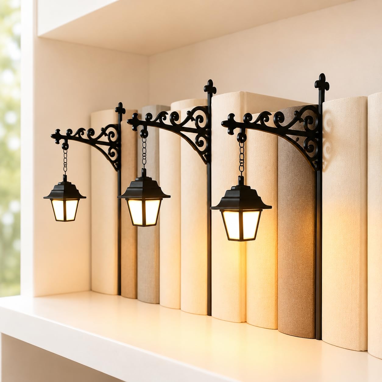 Library Lantern Bookshelf Lamp, Vintage Hanging LED Bookshelf Lantern Lights for Bookworms, Warm Decorative Ghost Bookshelf Lighting for Book Nook, Home Library, Study and Reading Corner (A 3pcs)