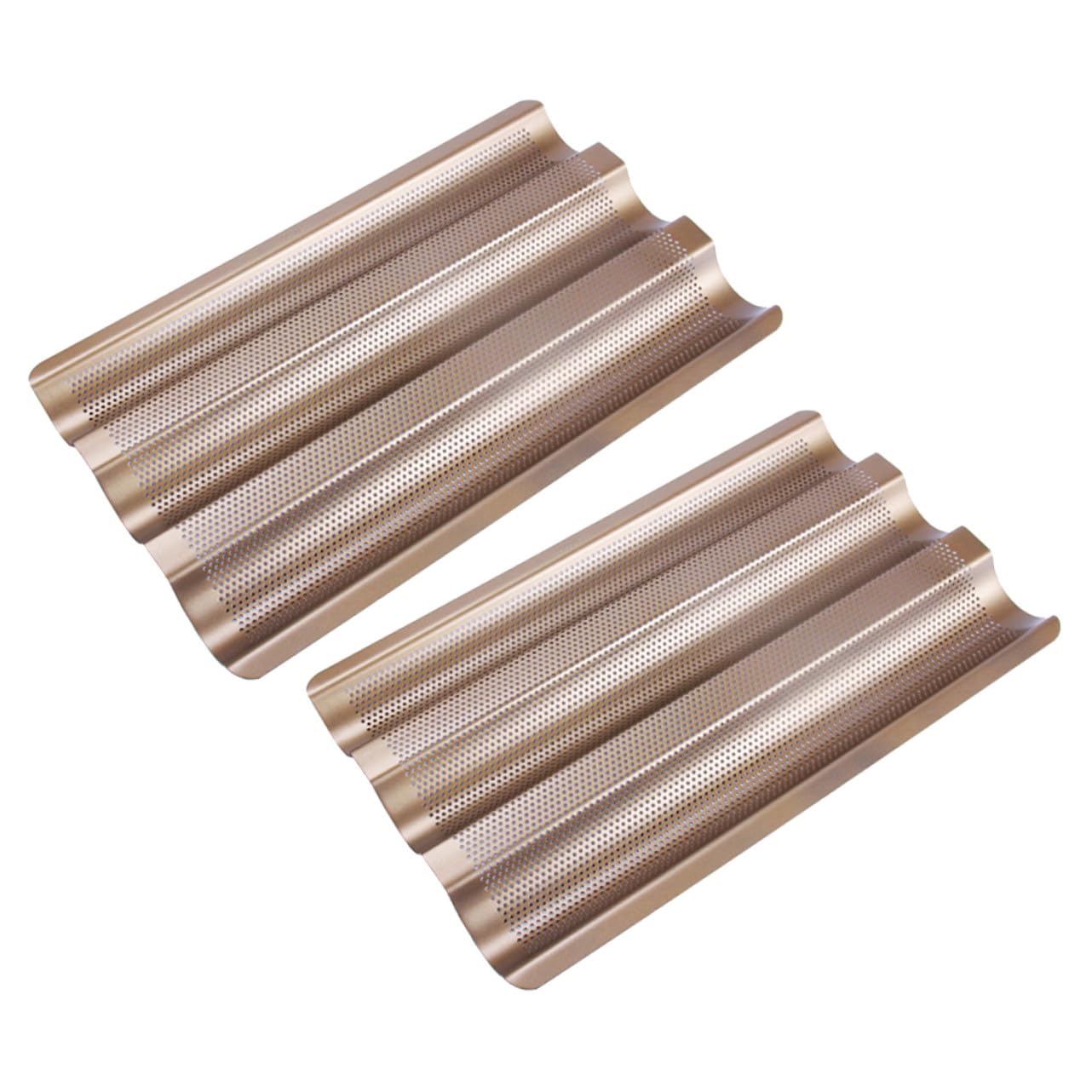 STOBAZA Molde para Hornear Pan de 3 Ranuras en Acero al Carbono, 2 Piezas | Diseño Perforado, Acabado Antiadherente, Formato de Ondas para Baguette en Cocción