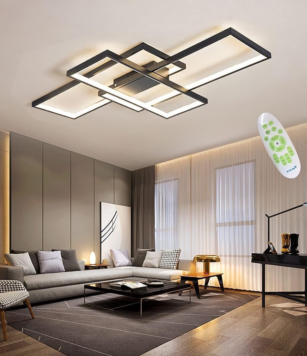 Moderne LED Deckenleuchte Dimmbar LED Deckenlampe Wohnzimmer, 2700k-7000k Wohnzimmerlampe mit Fernbedienung, Geometrisch Multifunktional Deckenbeleuchtung schwarz für Wohnzimmer, schwarz,L80cm