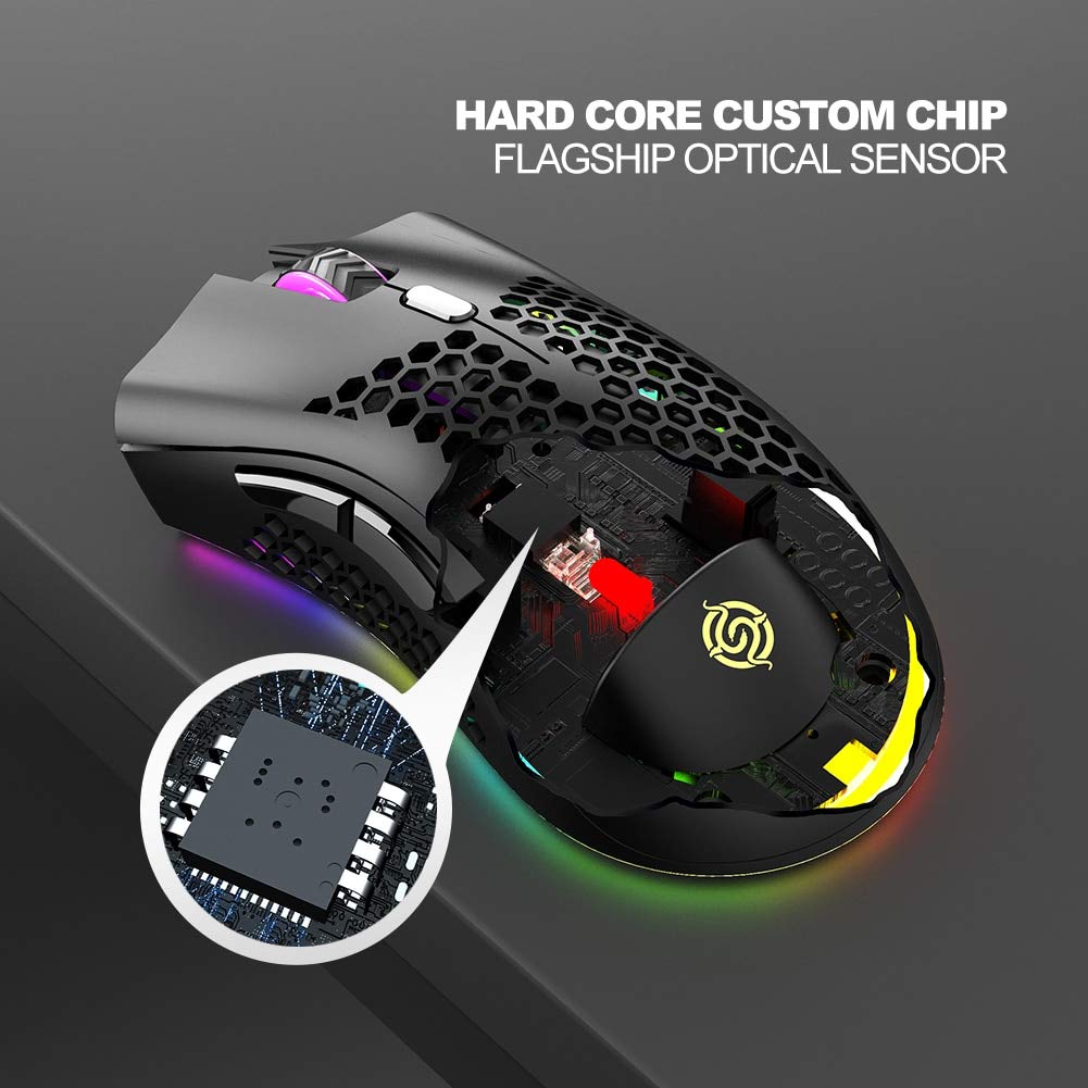 Mouse da gioco wireless da 2,4 GHz 7 pulsanti 1600 DPI regolabile retroilluminazione RGB mouse ricaricabile leggero guscio a nido d'ape mouse gamer rosa