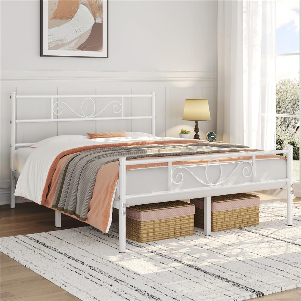 Yaheetech Struttura Letto Matrimoniale in Ferro Battuto a Doghe 160 x 200 cm Testiera Elegante in Metallo Stile Rustico Moderno Bianco
