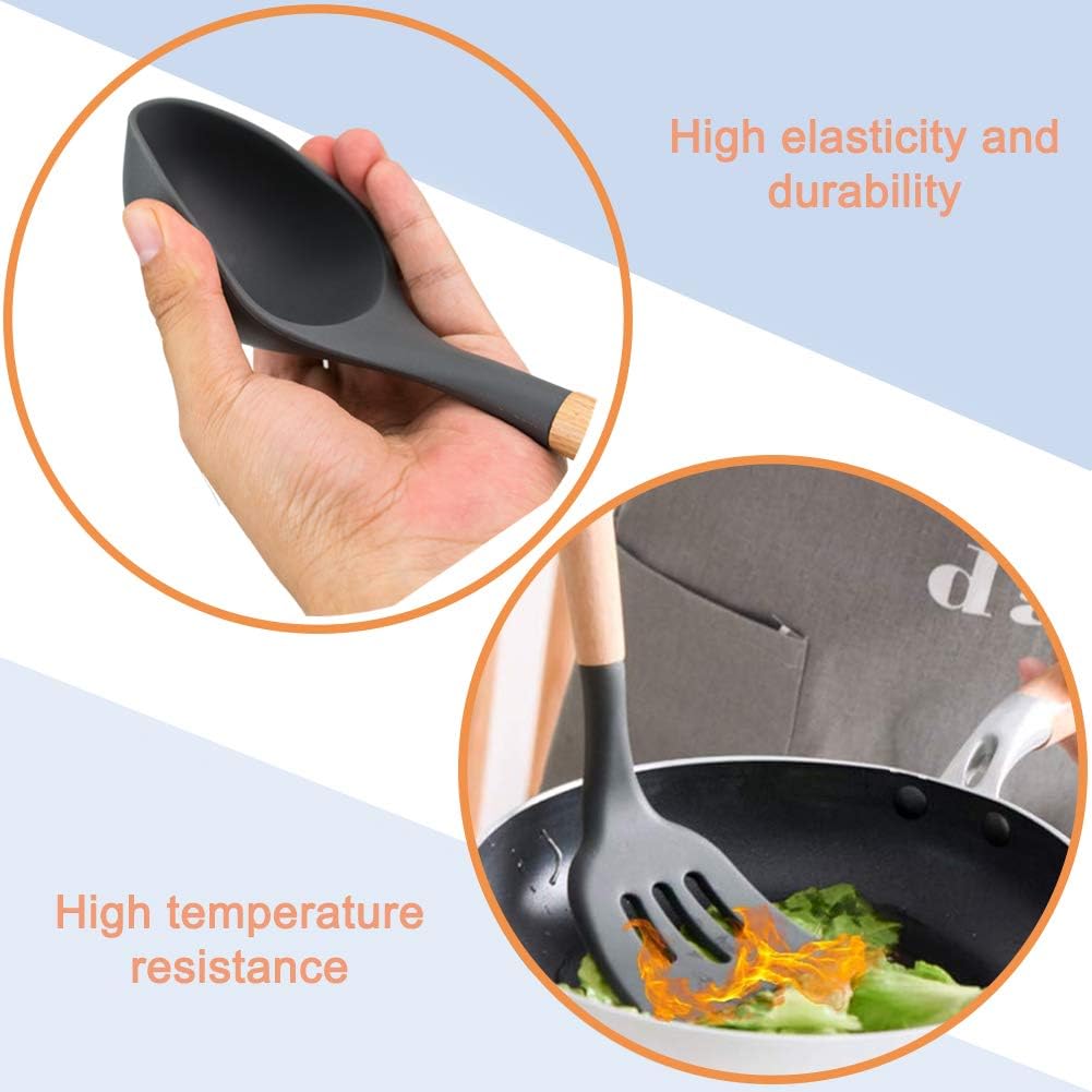 WACOOL 6 Piece Silicone Cooking Kitchen Utensil Set Tools with Wood Handles Turner Tongs Spatula Spoon BPA Free Non Toxic