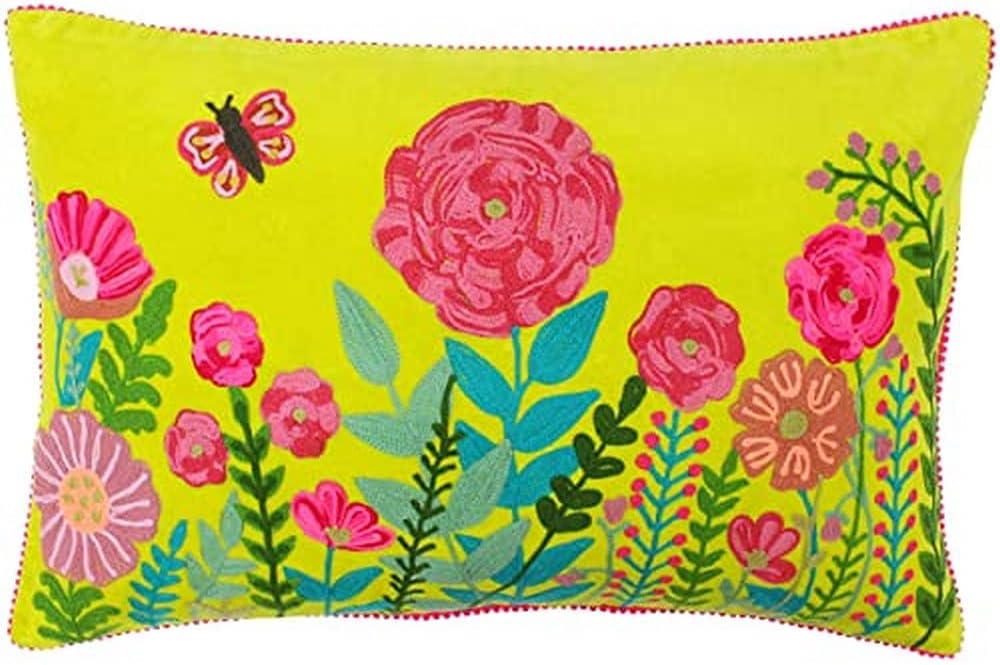 Riva Paoletti Country Garden Cushion Cover Lime Green Embroidered Floral Design Faux Velvet Front Pink Mini Pom Trim Secure Zip Closure 100% Cotton 40 x 60cm (16" x 24" inches)