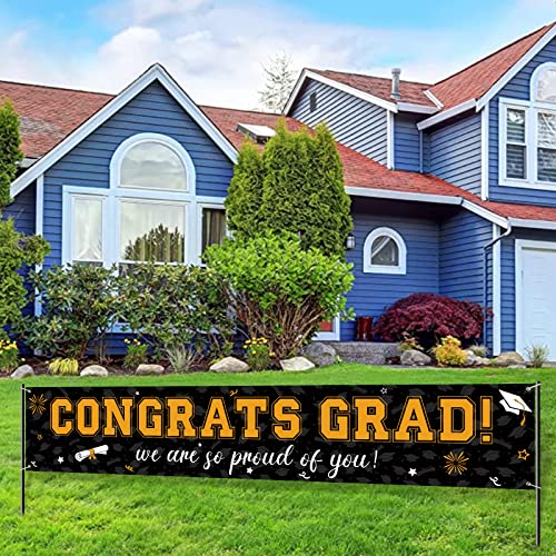 Image of 37Pcs Graduation Banner Balloon Decorations Class of 2026, Congrats Grad Banner Yard Outdoor Decorations, Graduation Balloons Banner Set for High School College Graduation Party Supplies, Black & Gold