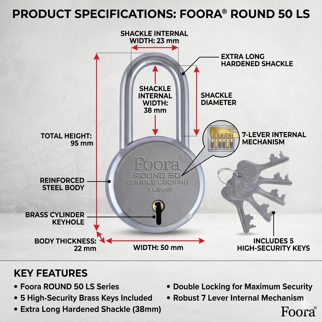 Foora Small Lock and Keys, Round 50mm Long Neck Shackle Padlock, Double Locking 7 Lever, Door Lock for Home, Gate Lock, Shutter Lock, with 5 Keys 4