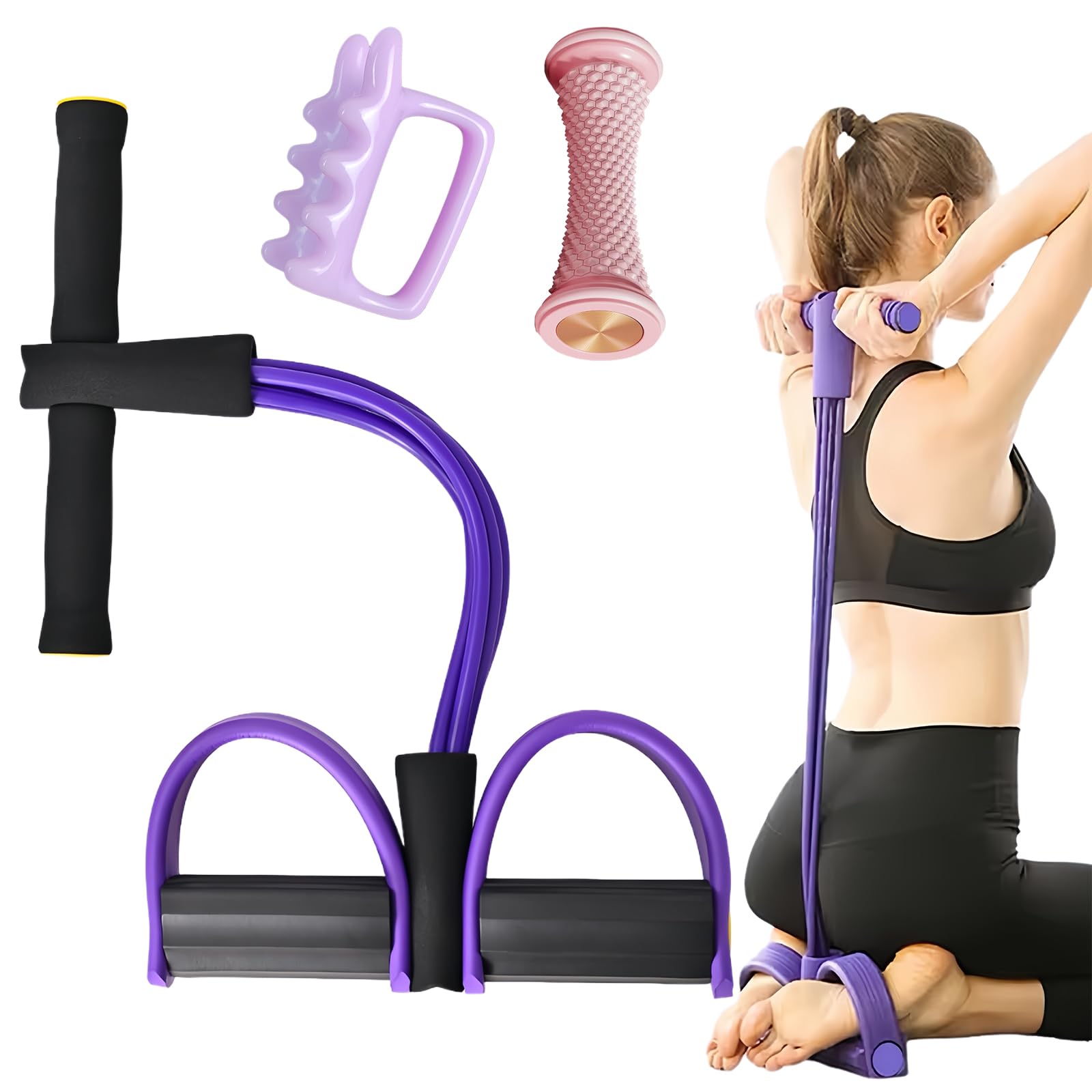 Multifunction Tension Rope 6 Tube, Foot Pedal Resistance Bands with Handle, Fitness Resistance Bands-6 Tube Pedal Ankle Puller, Exercise Equipment for Home Use (Black-Purple)