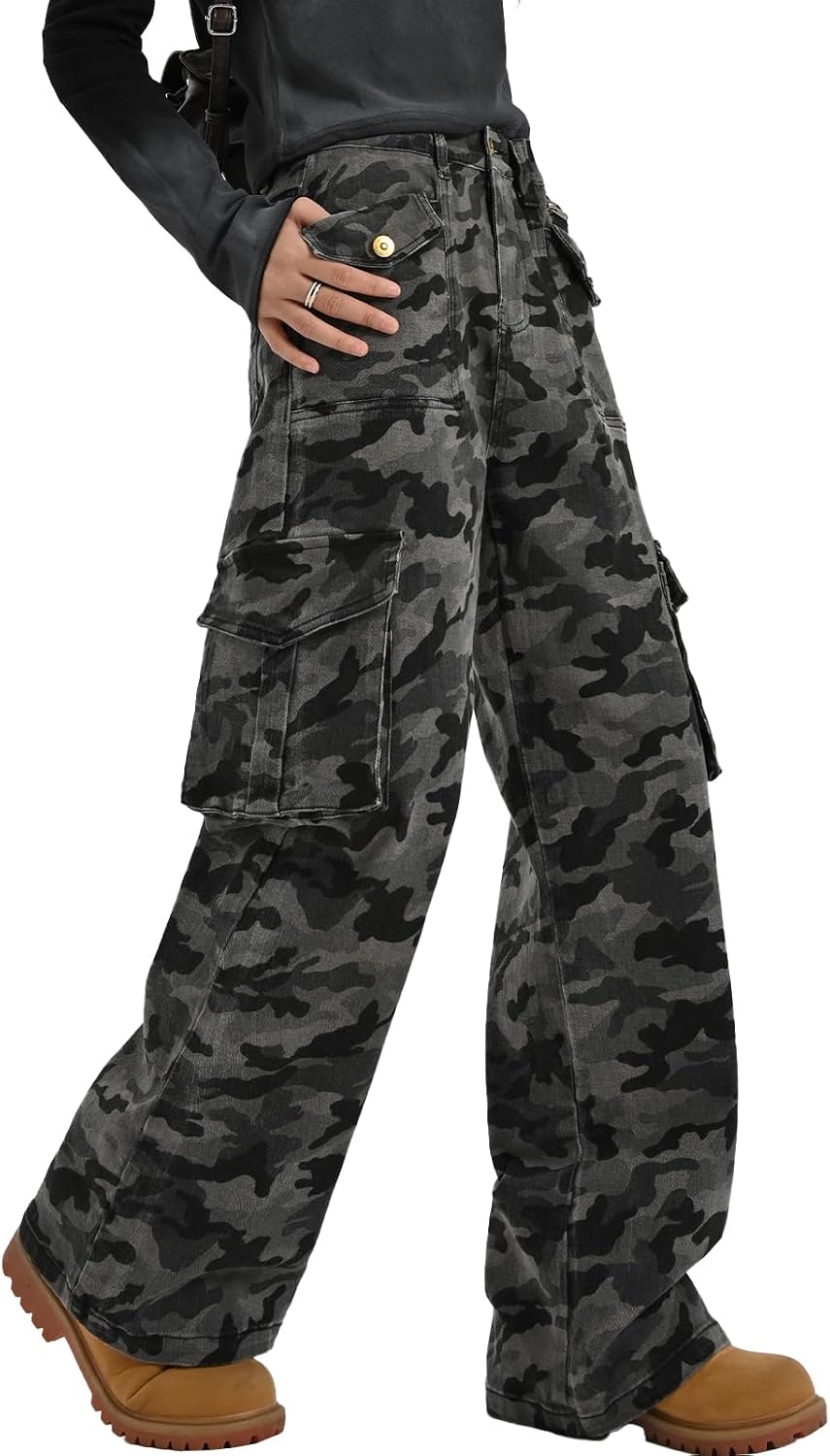 Girls’ High Rise Straight Leg Cargo Pants Y2K Camo Streetwear Trousers