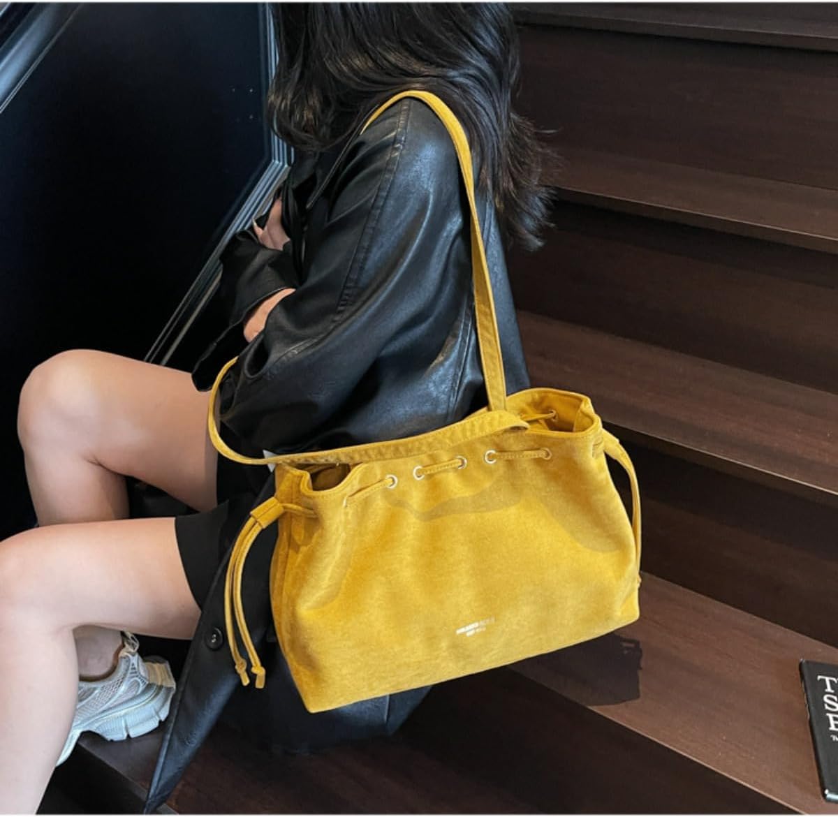 Retro Suede Bucket Purse Causal Travel College Crossbody Bag Drawstring Handbag Purse for Women Shouder Straps Tote
