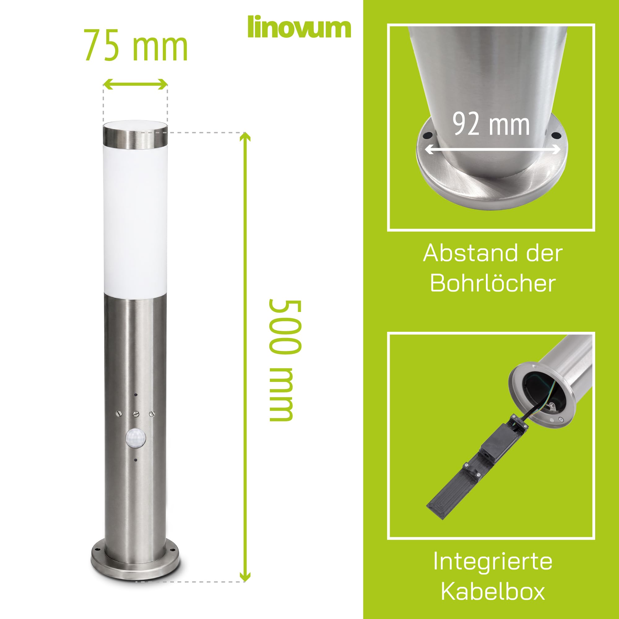 BOSEA - Lampada da vialetto, effetto dissuasivo, 50 cm, per E27, in acciaio inox, IP44