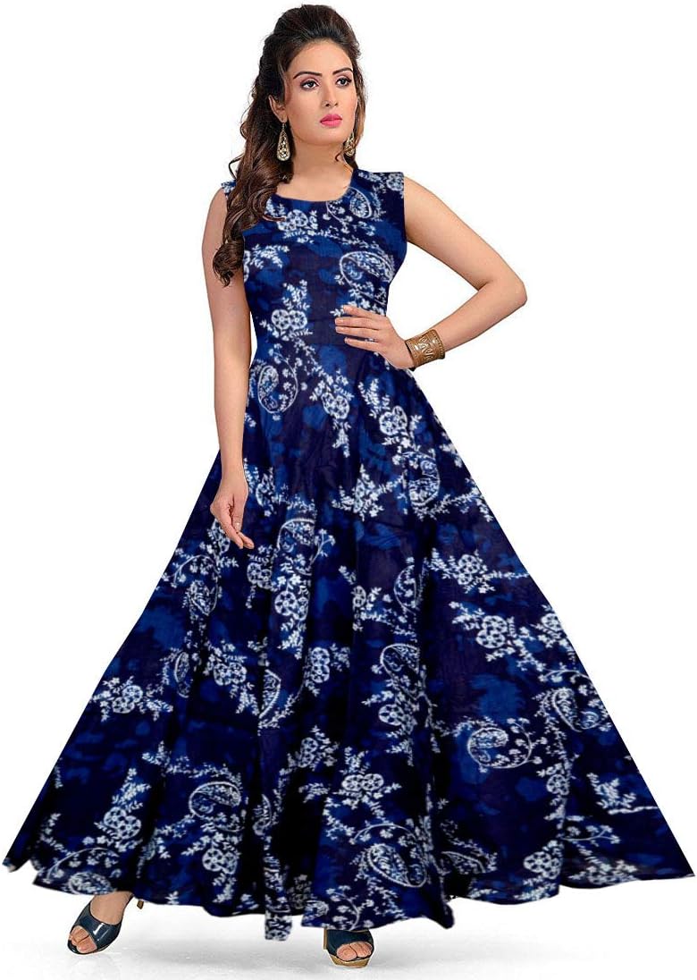 Mudrika Women's Rayon Jaipuri Floral Print Maxi Long Dresses (Fr_04318, Multicolor, Free Size)