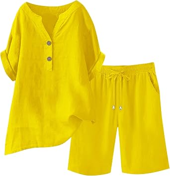 Linen Sets for Women 2 Piece Summer Wide Leg Short Sets & V Neck Button Shirt Pajamas Casual Beach Vacation Outfits