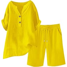 Linen Sets for Women 2 Piece Summer Wide Leg Short Sets & V Neck Button Shirt Pajamas Casual Beach Vacation Outfits