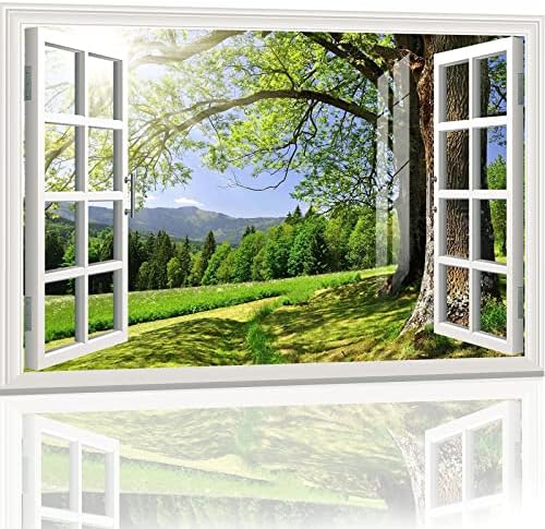 Fake Window Removable Wall Sticker Mural 3D Self-Adhesive Window Poster decor-24"x35" Sunny Tree Creative Window Decal Wallpaper Peel and Stick Faux Window Picture for Bedroom Living Room Office