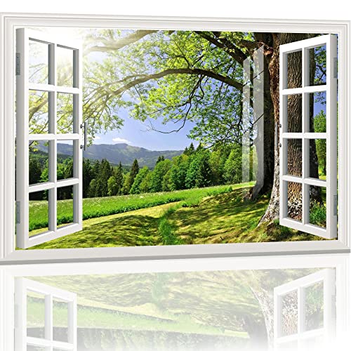 Fake Window Removable Wall Sticker Mural 3D Self-Adhesive Window Poster Decor-24"X35" Sunny Tree Creative Window Decal Wallpaper Peel And Stick Faux Window Picture For Bedroom Living Room Office #TOP1