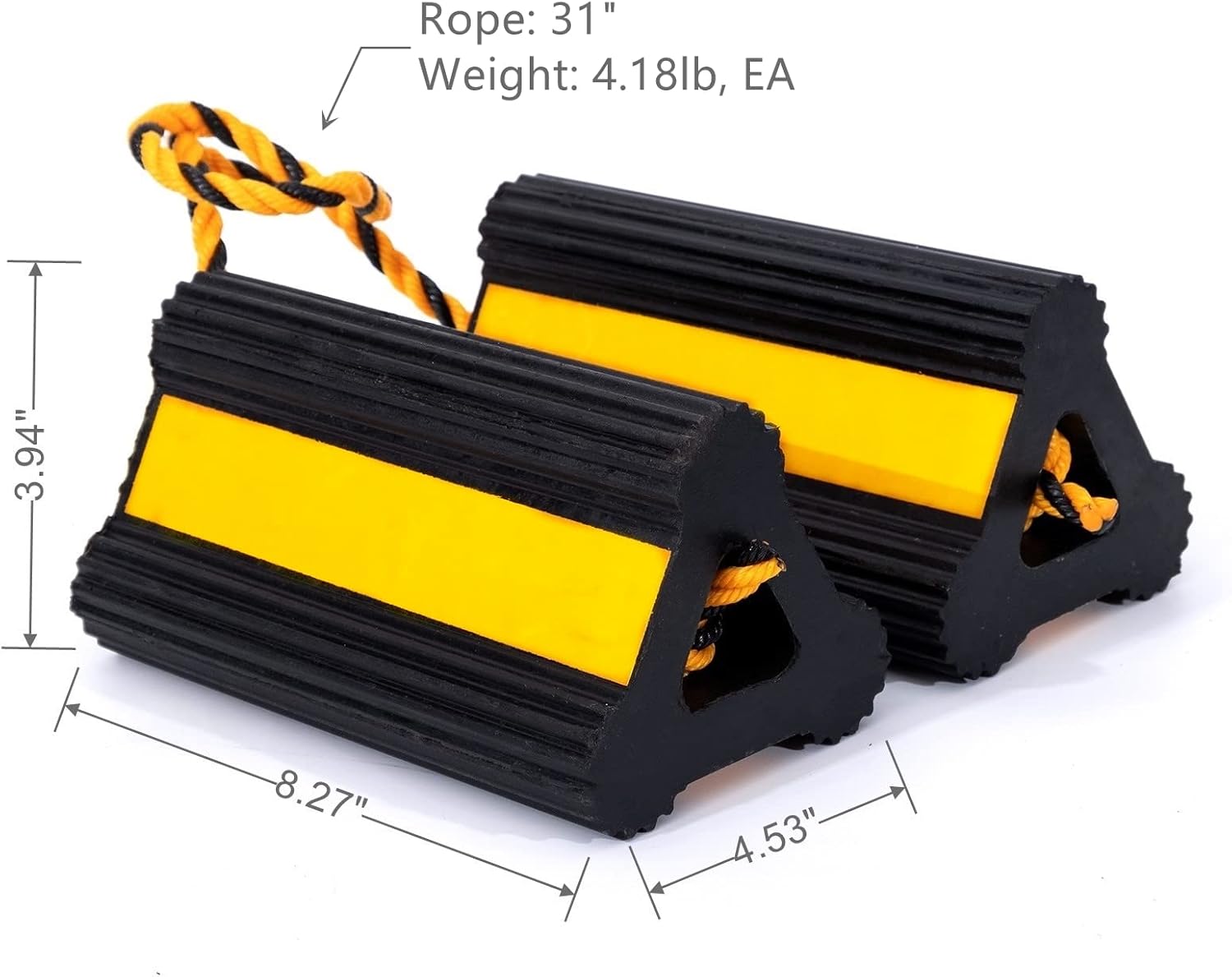 Wheel Chock Heavy Duty Rubber Trailer Wheel Chocks with Yellow Reflective Visibility Tape and Yellow Nylon Rope for Concrete Slopes or Ground Leveling (4 Pack)