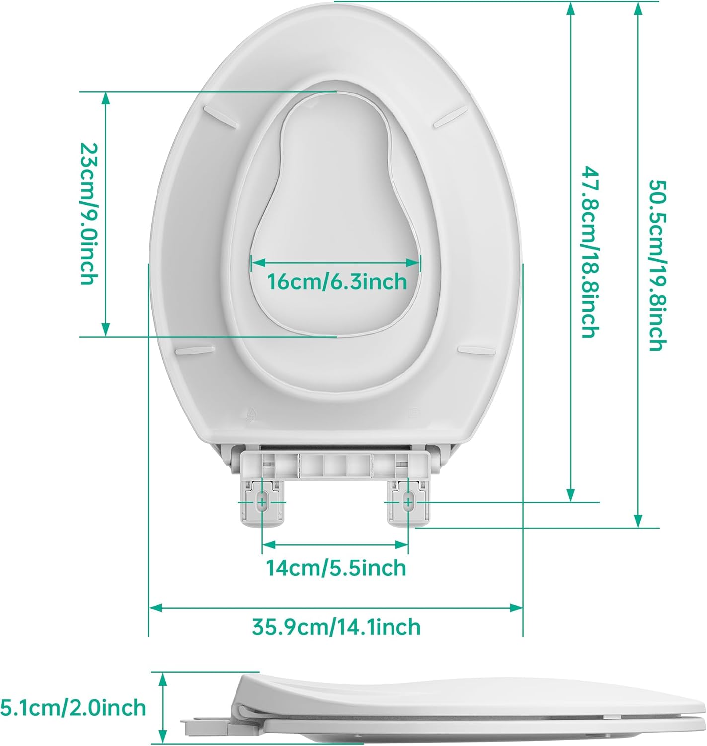 Toilet Seat, Elongated Toilet Seat with Toddler Seat Built in, Slow Close Hinges, Four Bumpers Never Loosen and Easily Remove, Two Sets of Parts, Plastic, White