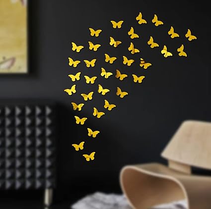 Wall1ders 40 Cut Butterfly Golden, Mirror Stickers for Wall, Acrylic Stickers,