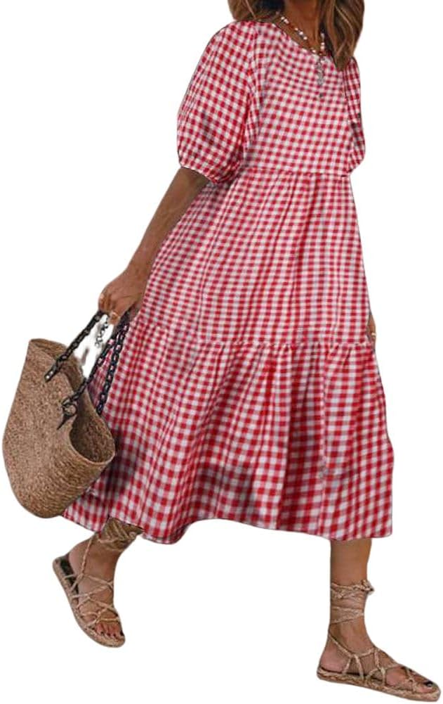 chouyatou Women's Retro Lantern Puff Sleeve Plaid Dress Gingham Swing Tiered Midi Long Dress