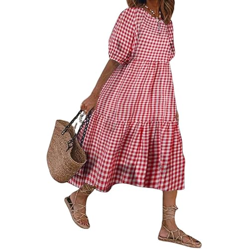 chouyatou Women's Retro Lantern Puff Sleeve Plaid Dress Gingham Swing Tiered Midi Long Dress