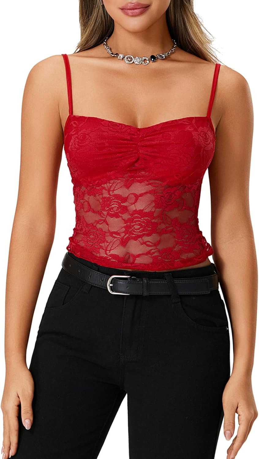 Women Y2K Ruched Front Cami Top Sexy Lace Mesh Sheer See Through Crop Tank Top Retro Slim Fit Solid Color Camisole - Image 4