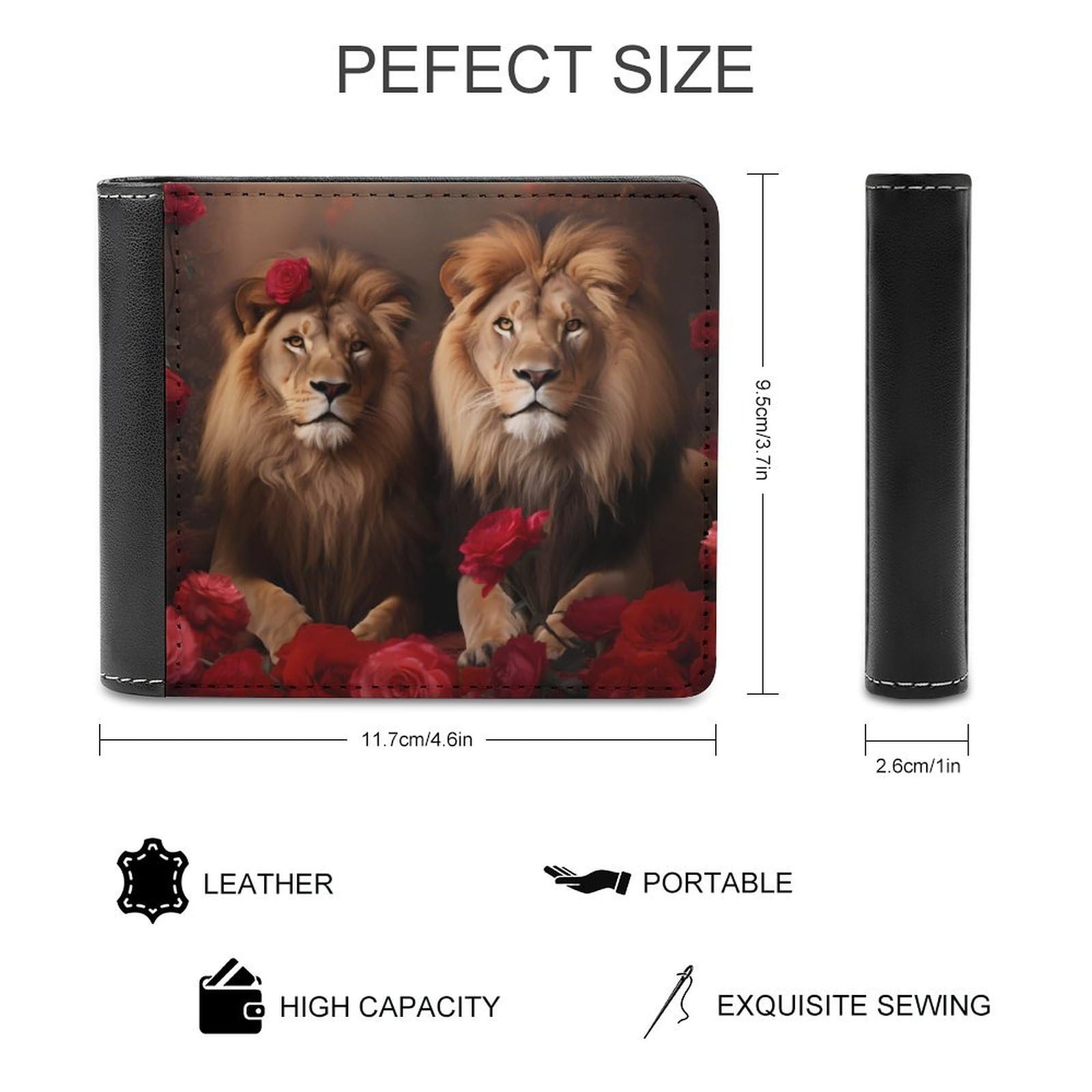 Two Lions And Red Roes Funny Men's Slim Bifold Wallet with Multiple Card Slots Front Pocket Purse