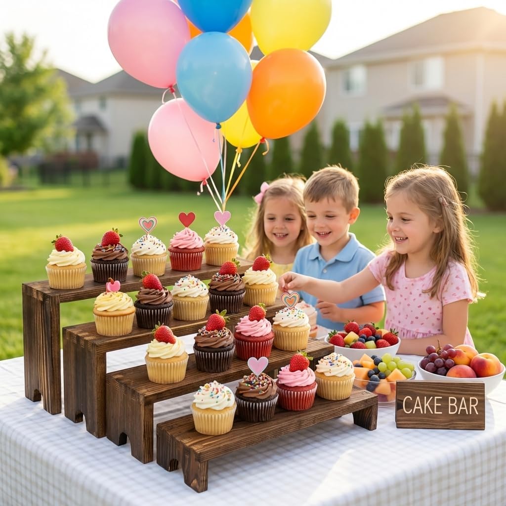SENMUT Wooden Tiered Risers Display Stand, Stackable, Natural Wood Brown, Rectangular, Inches, for Cupcakes and Desserts