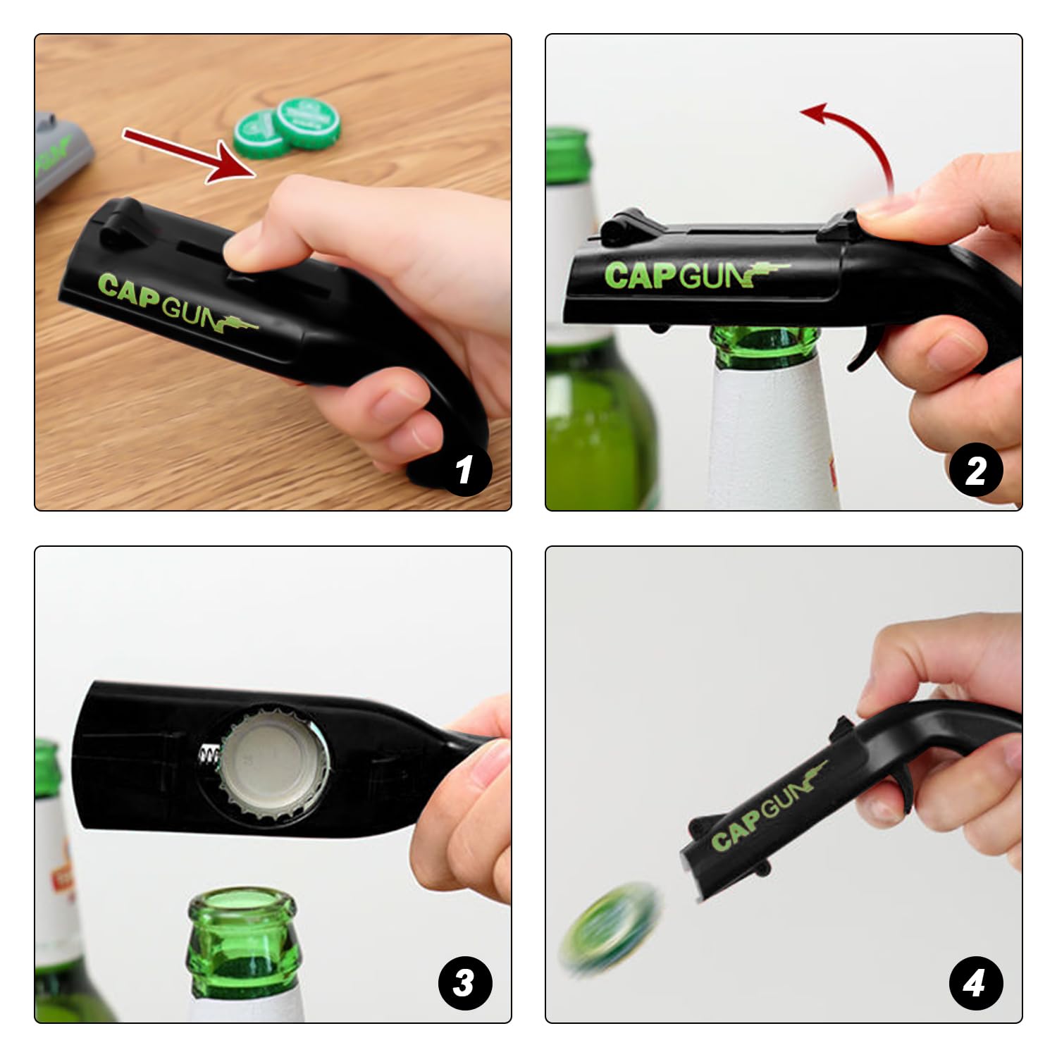 RICHDMI 2 stuks flessenopener, bieropener, grappige flesopener, cap-pistool, flesopener, gadgets voor mannen, schietbreedte meer dan 5 meter