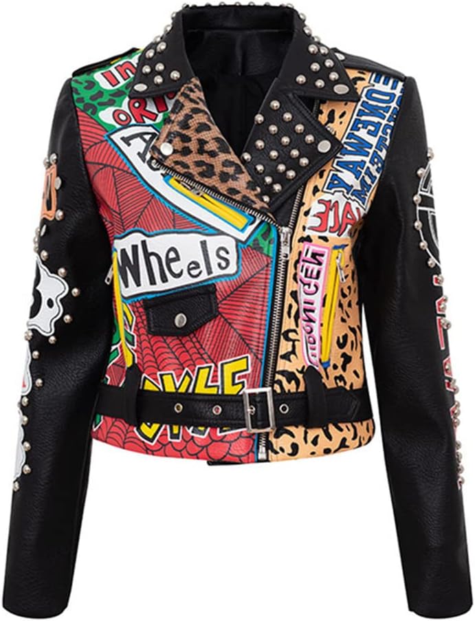 【punk leather jaket short】 Women Studded Punk Rock Jacket Biker Motorcyclist Short