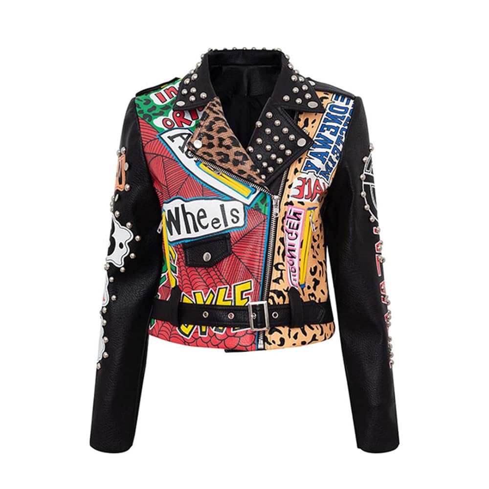 Women Studded Punk Rock Jacket Biker Biker Leopard Short