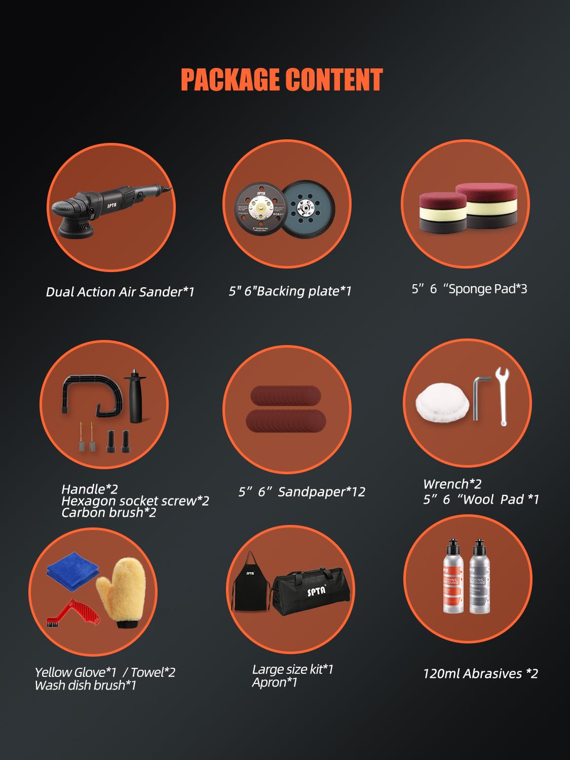 SPTA Polisseuse orbitale aléatoire double action 125 mm, kit de nettoyage de voiture, 4 tampons de polissage de 12,7 cm et 4 tampons de polissage de 15,2 cm, sac d'emballage pour polissage et cirage