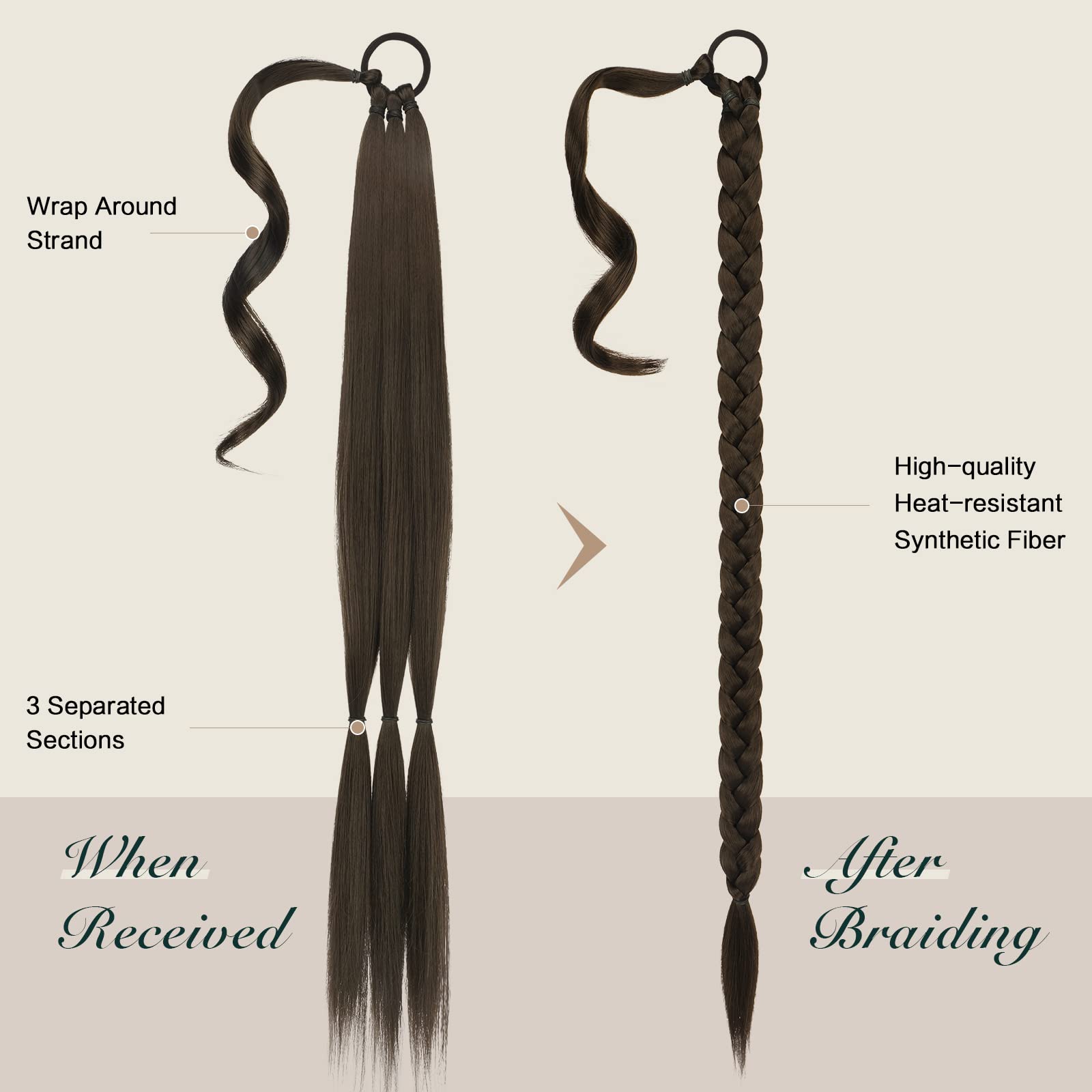 FESHFEN Treccia Finta Capelli - 85 cm Lunga Coda Finta Capelli Posticci con Elastico Sintetico Lunghi Ponytail Extension per Donne, Marrone Castano
