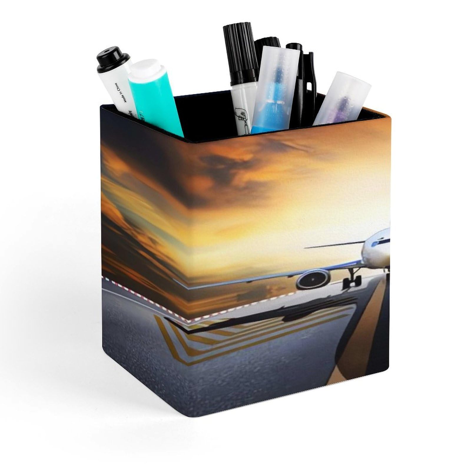 LZQPOEAS Backpack Airplane Square Pen Pencil Holder PU Leather Pencil Cup Desktop Stationery Organizer Office Accessories Container