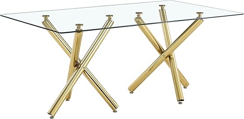 Miniatura 8 de Mesa de comedor de cristal de 71 pulgadas, mesa de comedor dorada para 6-8, mesa de cocina y comedor de gran tamaño con parte superior de vidrio