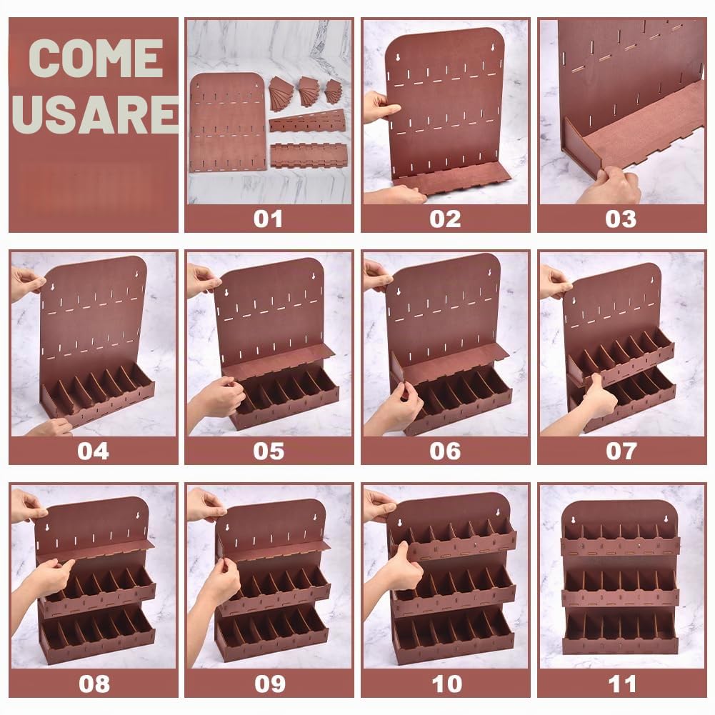 UNICRAFTALE Porta bustine da tè a 3 ripiani, in legno, marrone, verticale, organizer da parete, contenitore per tè, supporto per armadio, piano di lavoro, 27,2 x 9 x 36 cm