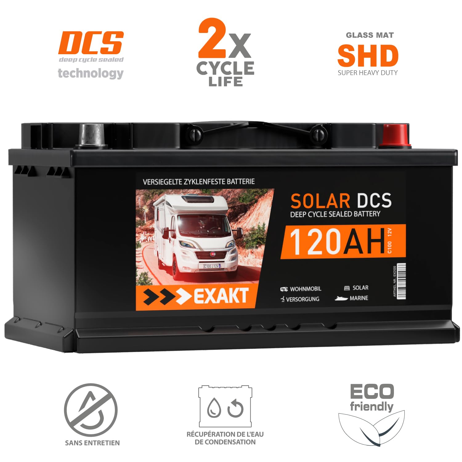 EXAKT batterie camping car 12V 120Ah caravane solaire bateau décharge lente