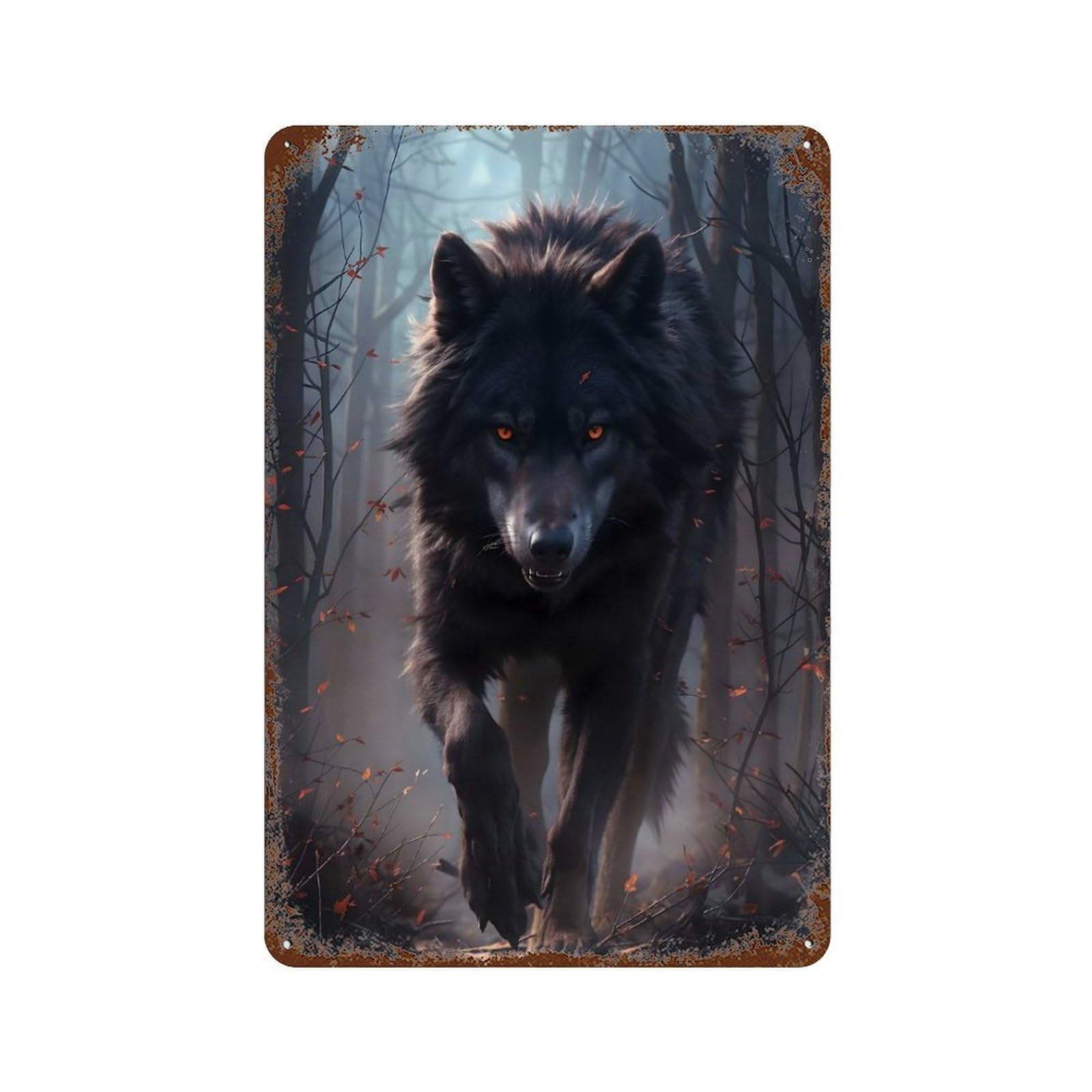 Black Wolf in The Woods Rust Effect Tin Sign 11.8"x7.9", Rustic Home Decor for Cafe, Home Bar And Lounge Decor