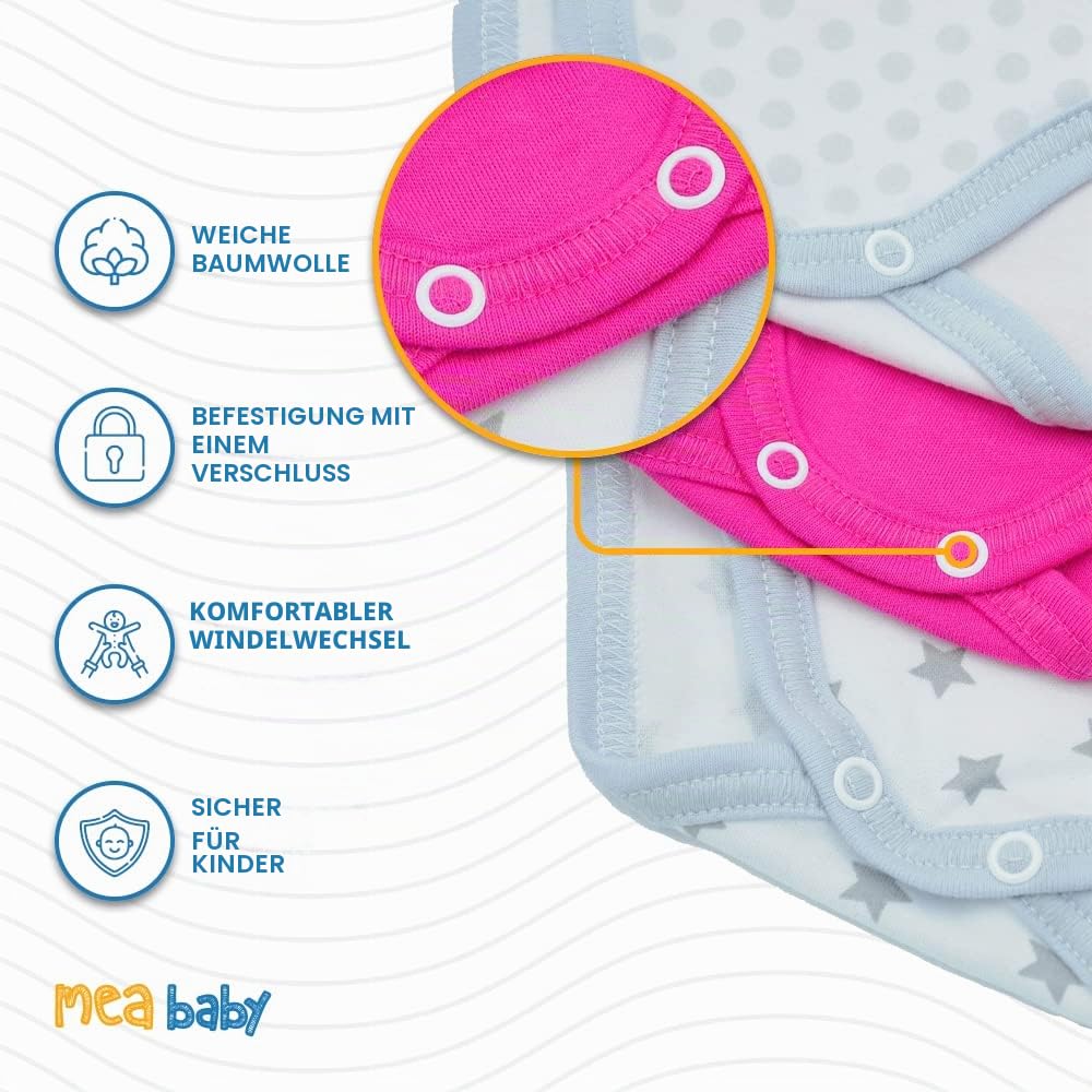 MEA BABY 5er Pack Baby Kurzarm-Body für Mädchen & Jungen aus 100% Baumwolle, Babybody Set mit Motiv und Druckknöpfen, atmungsaktiver Einteiler mit Schlupfkragen, ideale Erstausstattung