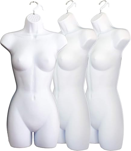 Miniatura 71 de DisplayTown Maniquí femenino a la cadera, torso largo, espalda hueca, cuerpo apilable, con gancho para colgar, para exhibición de camisetas, Blanco